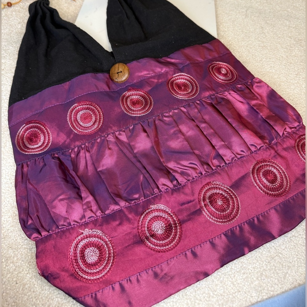 Handmade Boho Burgundy Floral Satin Embroidered Crossbody Shoulder Bag